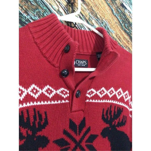 Chaps Moose Print 🫎 Sweater Red White Size Medium 3 Buttons Front ~ Beautiful S - Picture 6 of 12